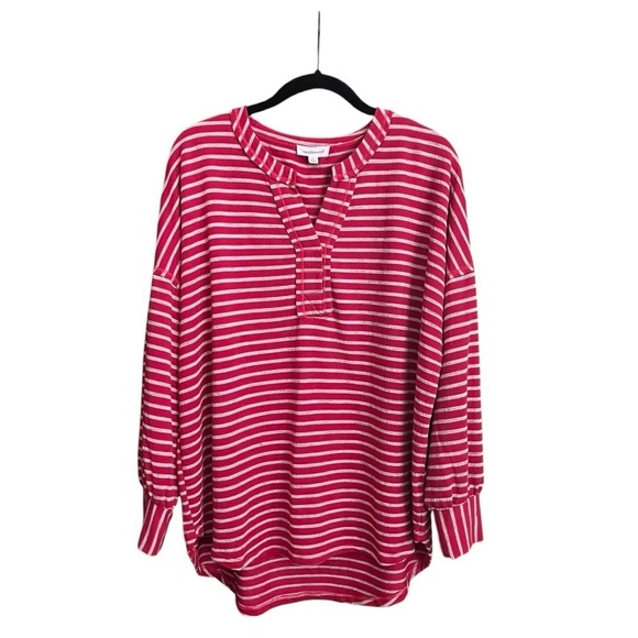 Westbound Thermal Top Womens Size M Red Striped Long Balloon Slv Pullover Hi-Low - Picture 2 of 6